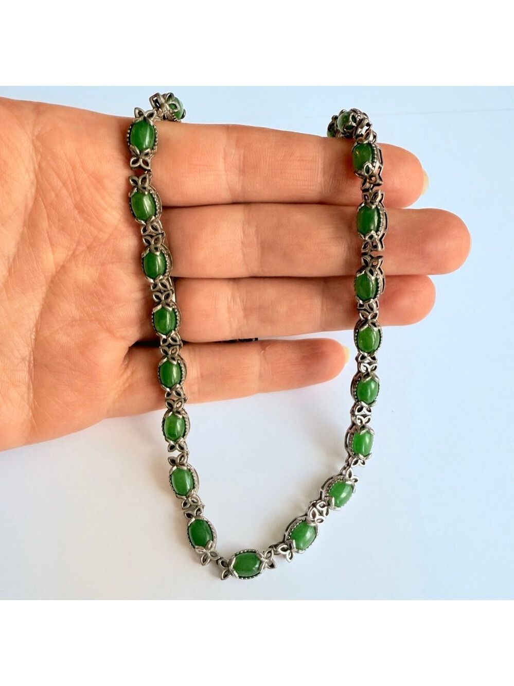 Vintage 19.7 TCW Jade Nephrite Sterling Silver 925 Adjustable Necklace 20.5" - Picture 5 of 6